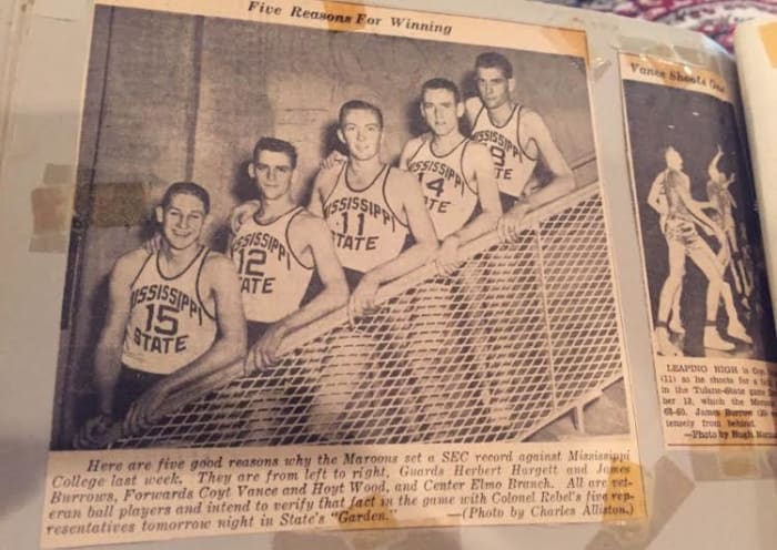 Joe Burrow comes from a sports family. His grandfather, James, played point guard at Mississippi State in the 1940s and 1950s. He's pictured here second from the left in the No. 12 jersey.